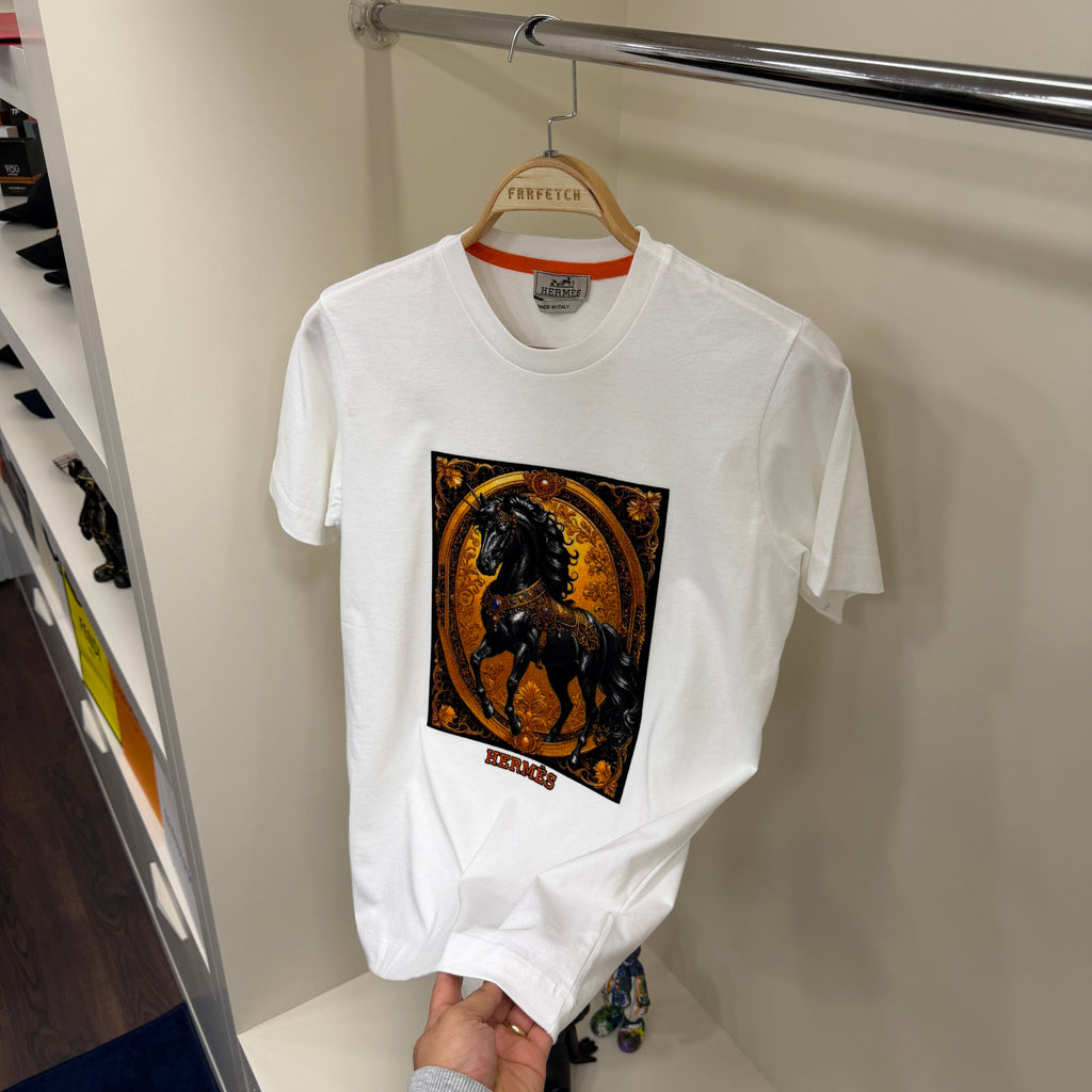 Hermes Flok Baskı Beyaz T-Shirt