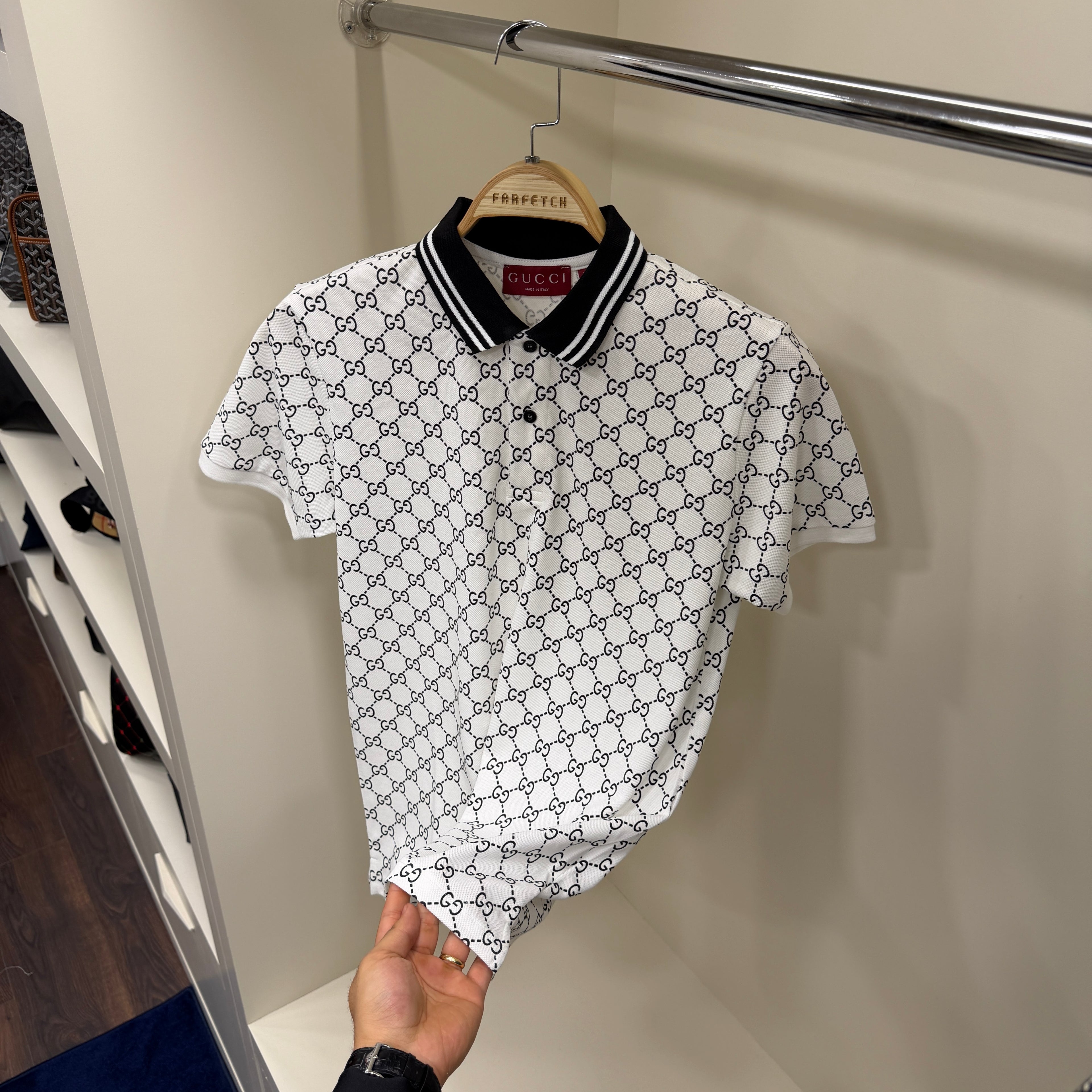 Gucci Full Baskı Polo Yaka Beyaz