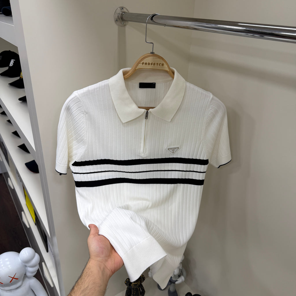 Prada Beyaz Örme Yakalı Tshirt