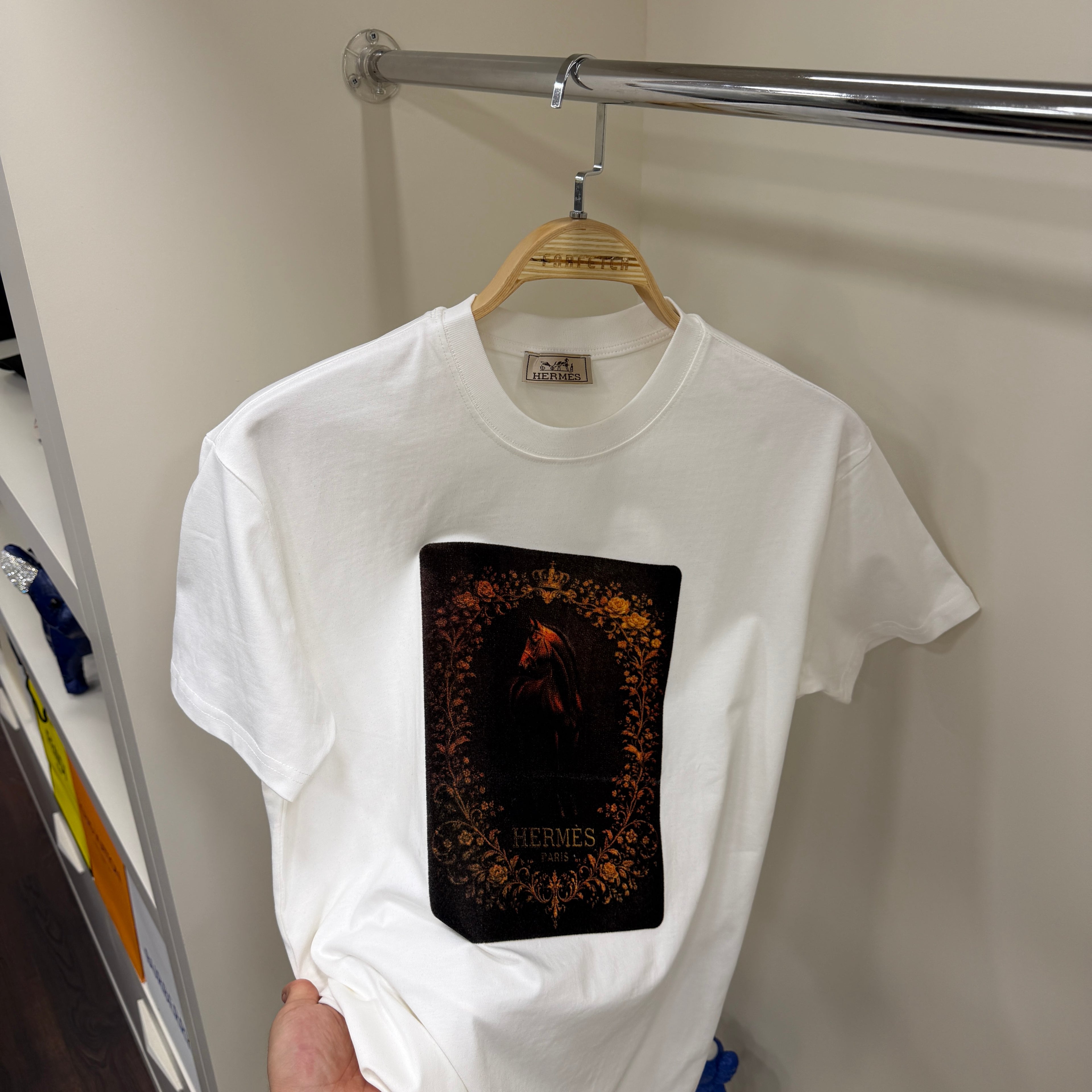 Hermes Flok Baskı Beyaz T-Shirt