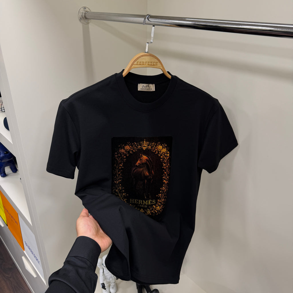 Hermes Flok Baskı Siyah T-Shirt