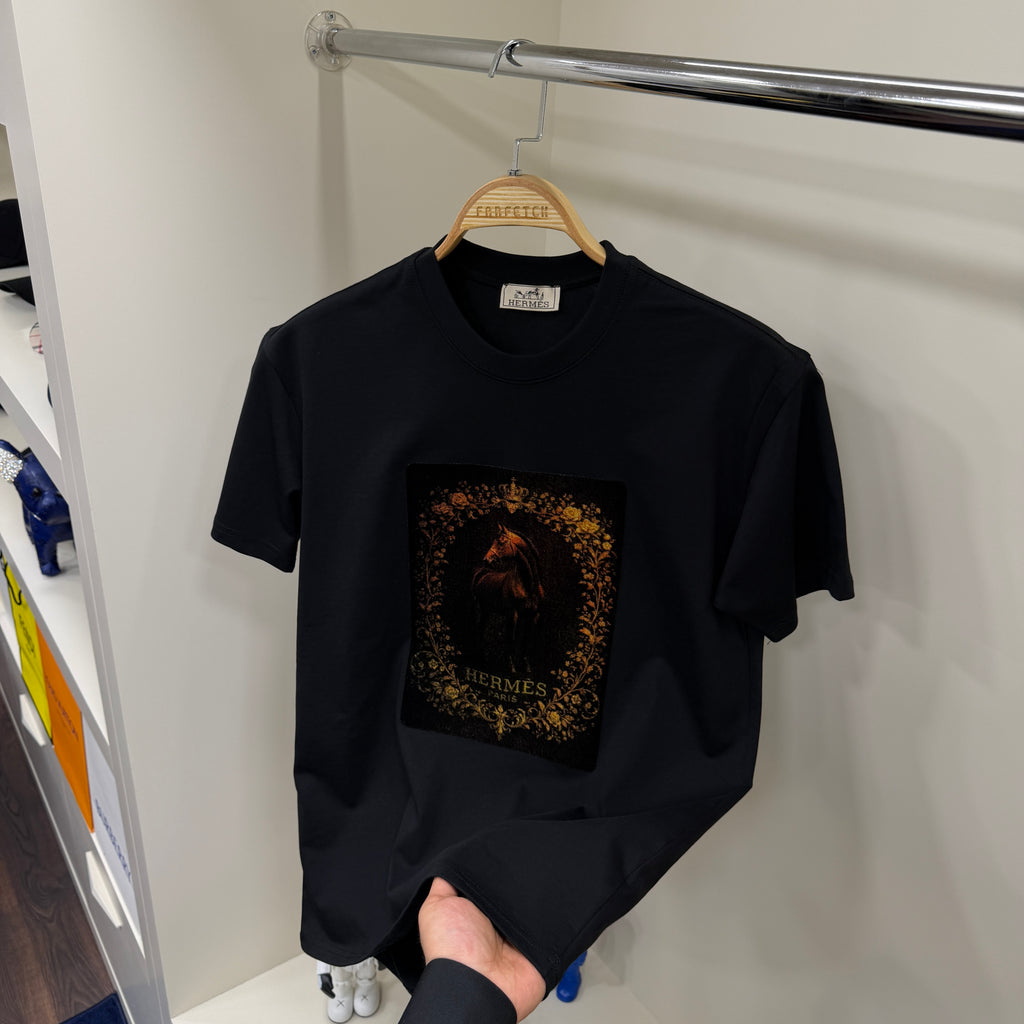 Hermes Flok Baskı Siyah T-Shirt