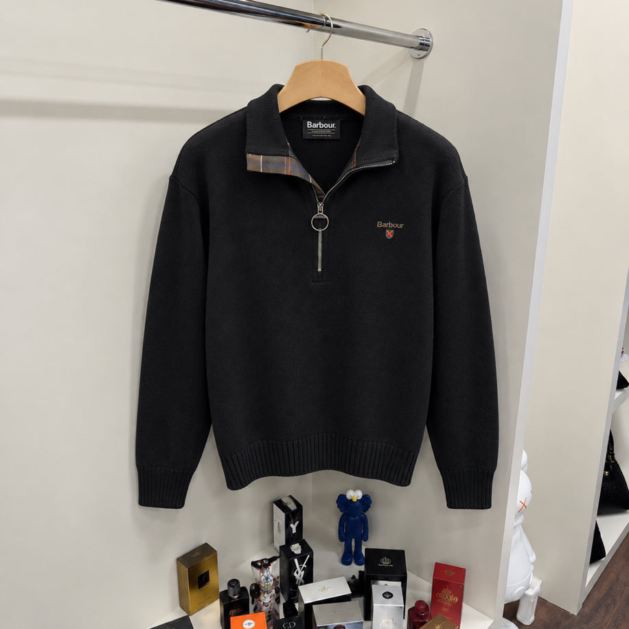 Barbour %100 Pamuk Yarım Fermuar Örme Triko Siyah