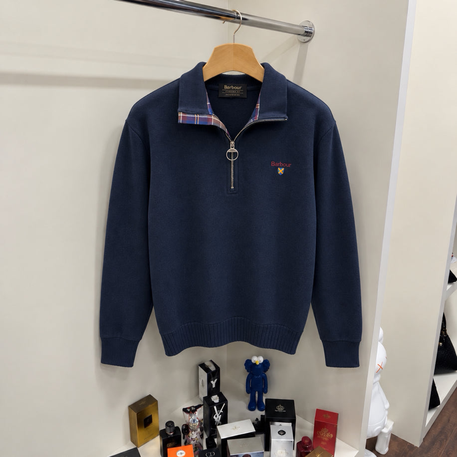 Barbour %100 Pamuk Yarım Fermuar Örme Triko Lacivert