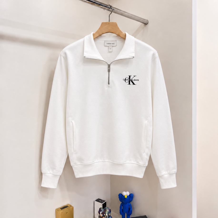 Yarım Fermuarlı Logo Sweatshirt Beyaz